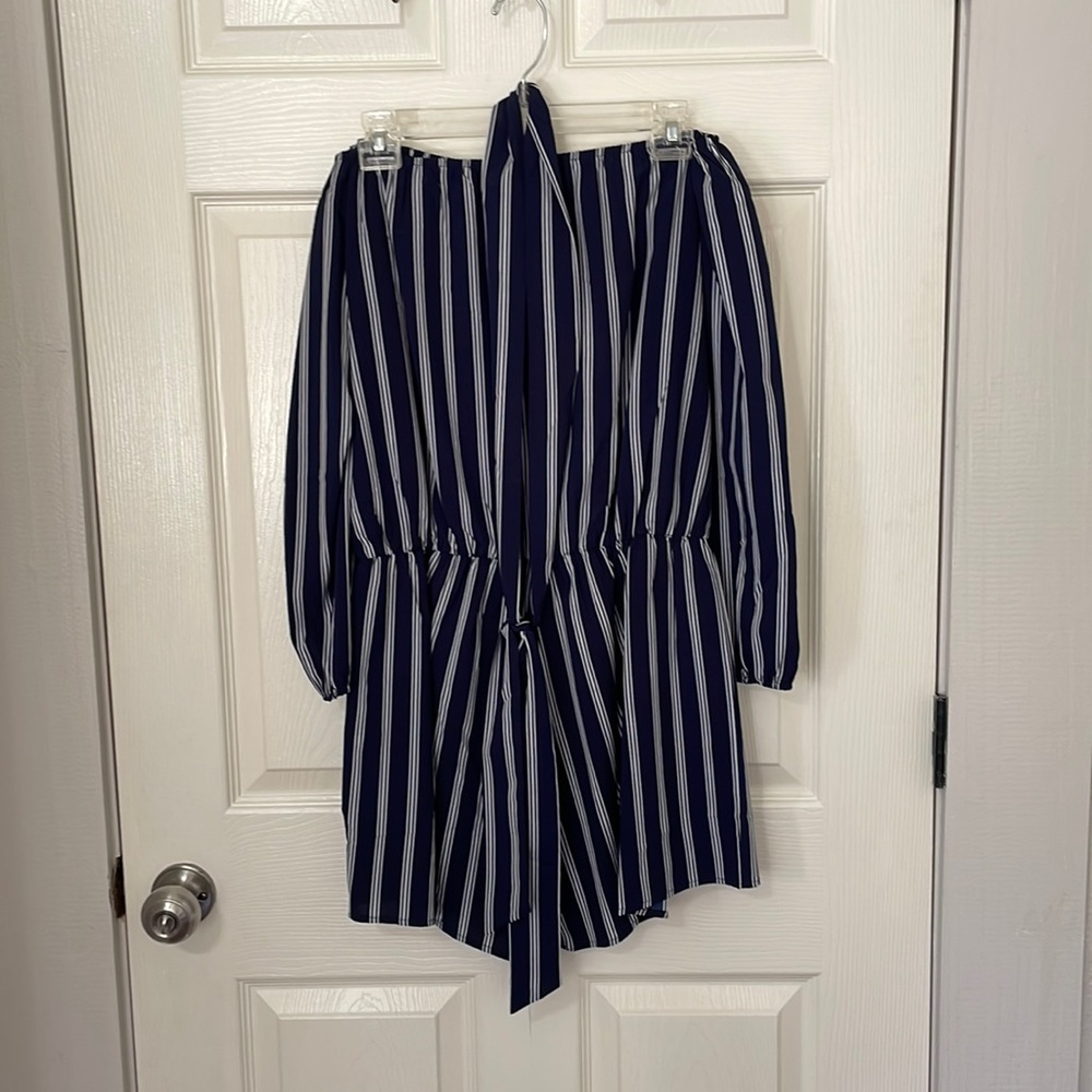 Navy and White Off-The-Shoulder Stripped Romper